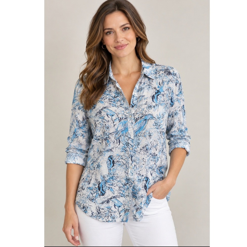 Tahari S 100% Linen Relaxed Button-Down Shirt Blue Bird Floral Print Long Sleeve